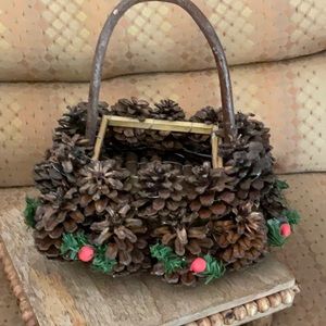 Vintage Rustic Pinecone Basket, mini ornament holder, table decor